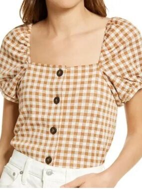 Madewell Gingham Square Neck Puff Sleeve Button Down Top Brown & White